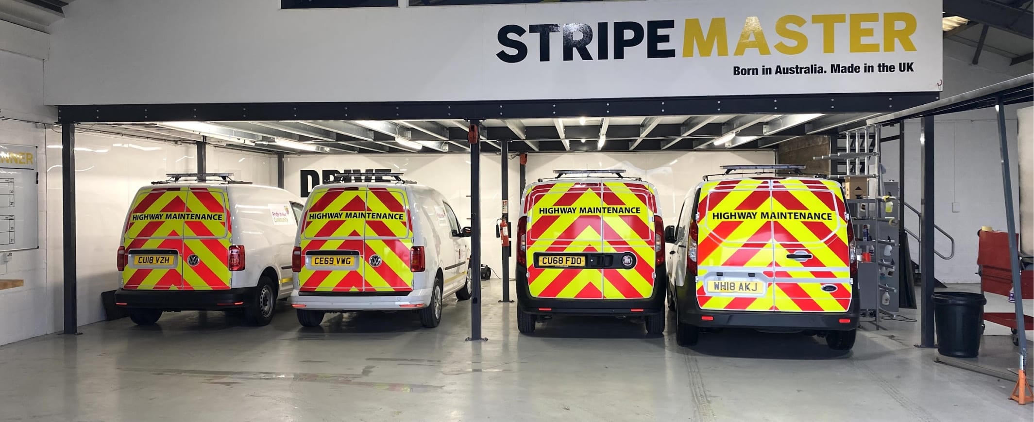 Stripe master having applied chapter 8 chevrons on highway maintenance vans